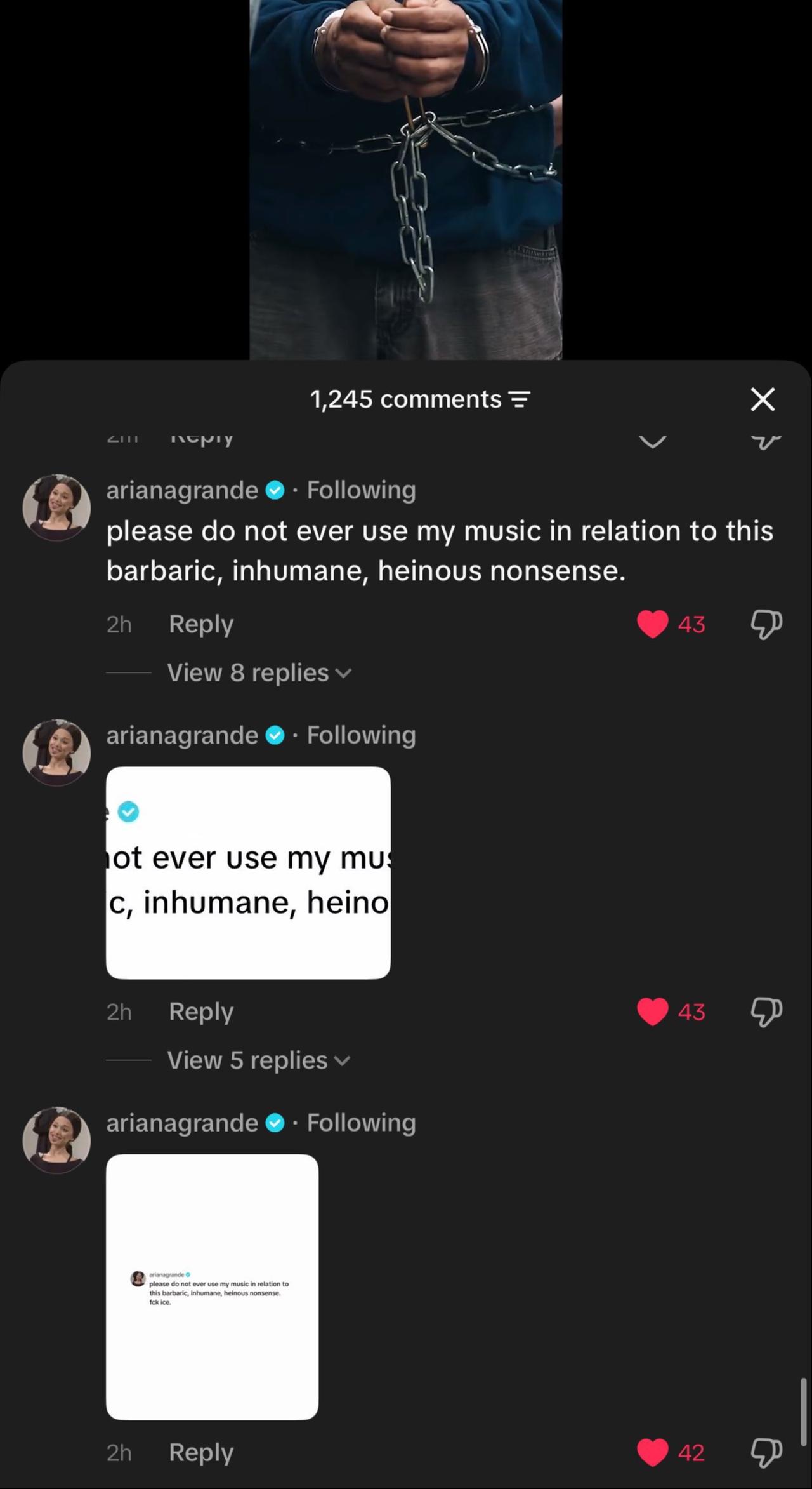 A sanpshot of the Ariana Grande's comments on the White House' tiktok post (Photo via TikTok)