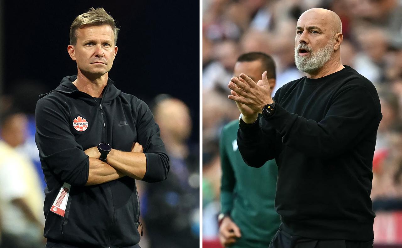 A photo collage shows Canada's US head coach Jesse Marsch in Atlanta, Georgia, on June 20, 2024 (L); and Bosnia-Herzegovina's head coach Sergej Barbarez in Newcastle-upon-Tyne, north east England on June 3, 2024. Canada and Bosnia and Herzegovina will meet at the Toronto in Tronto on June 12, 2026, during the 2026 World Cup football tournament. (AFP Photo)