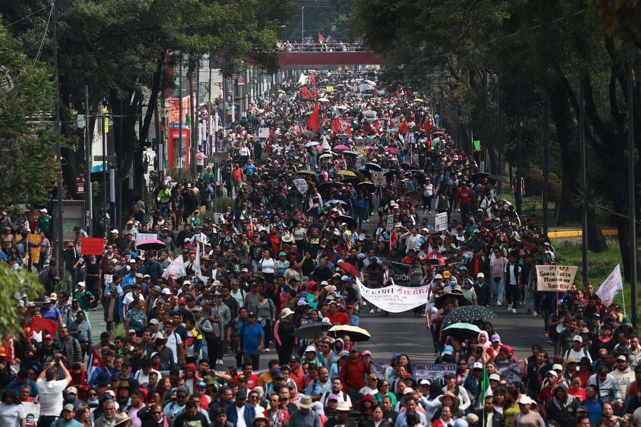 Thousands of CNTE teachers attempt to approach Banorte Stadium during the World Cup opener, in Mexico City, Mexico on June 11, 2026. (AA Photo)