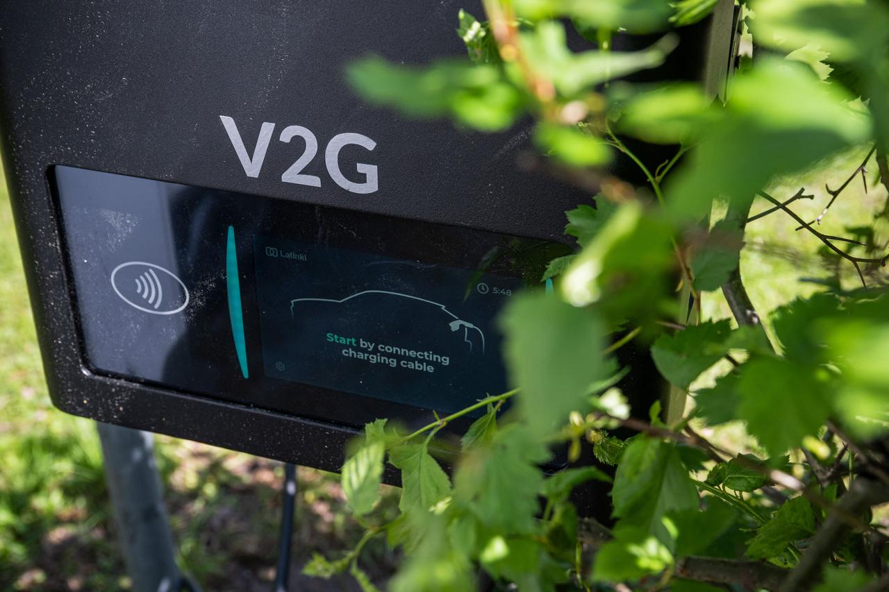 Bi-directional Vehicle-to-Grid (V2G) charging station is pictured at the University of Gävle on May 28, 2026 in Gävle, Sweden. (AFP Photo)