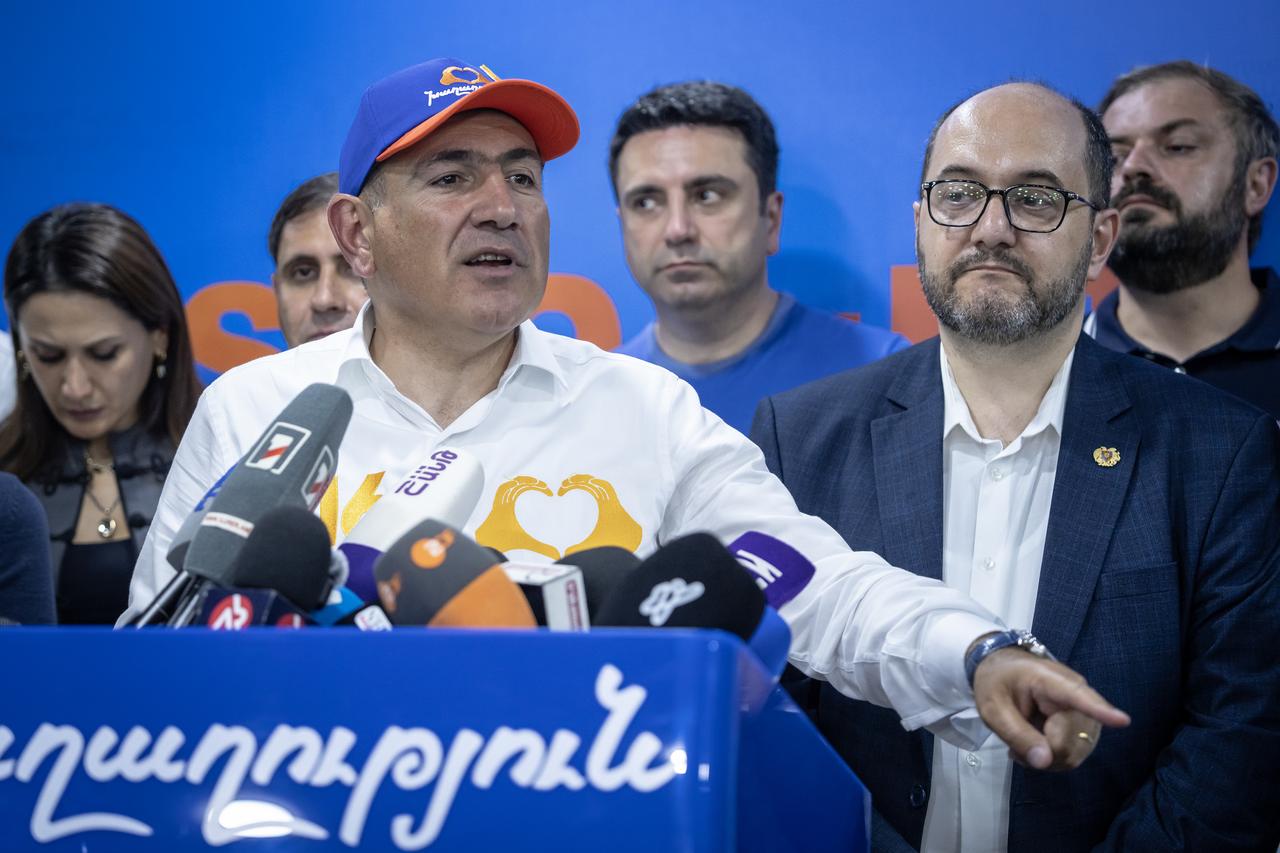 Armenian Prime Minister Nikol Pashinyan, declared victory in the parliamentary elections early Monday morning, speaks to press as vote counting continued across the country in Yerevan, Armenia on June 8, 2026. (AA Photo)