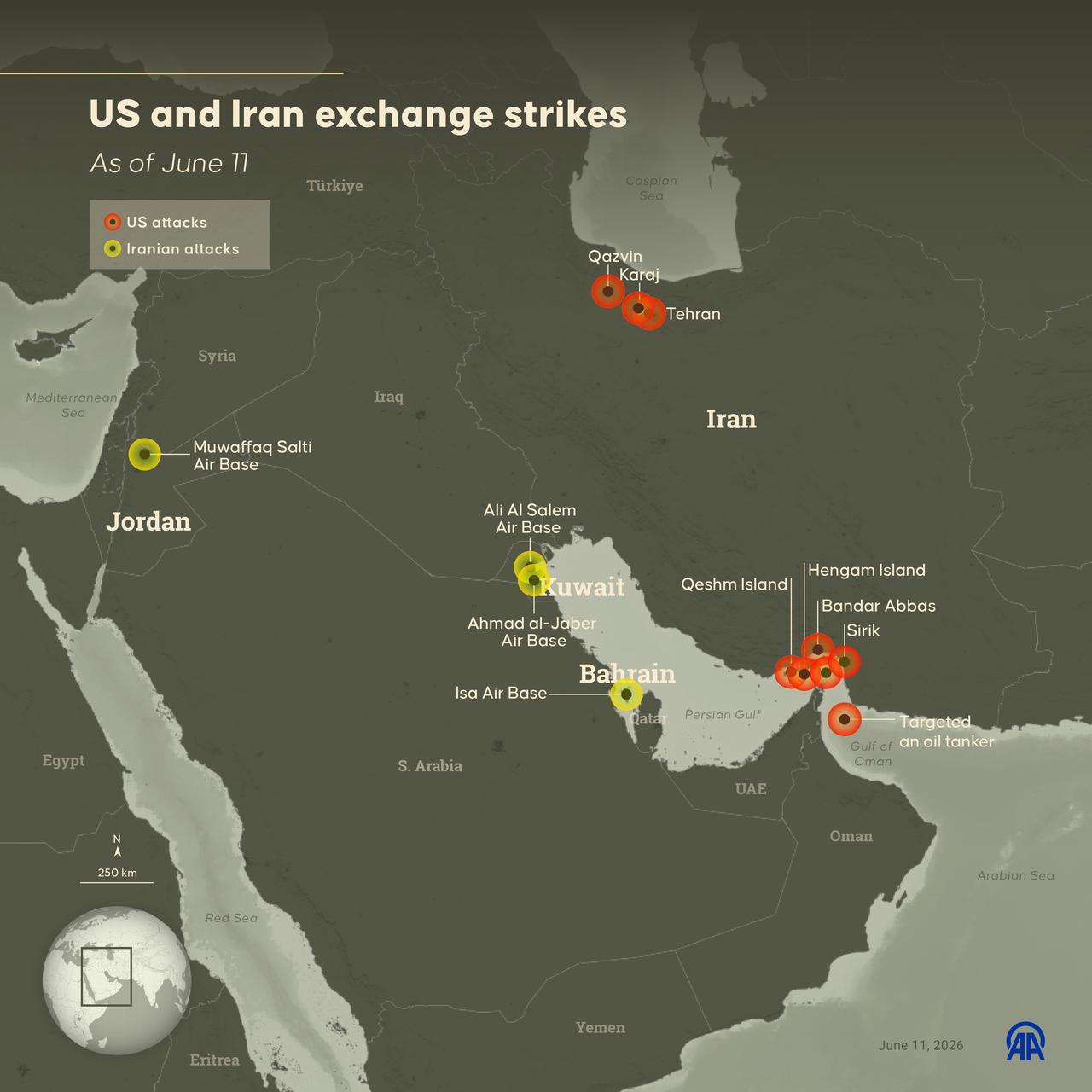 An infographic titled "US and Iran exchange strikes" created in Ankara, Türkiye on June 11, 2026. (AA Graphics)