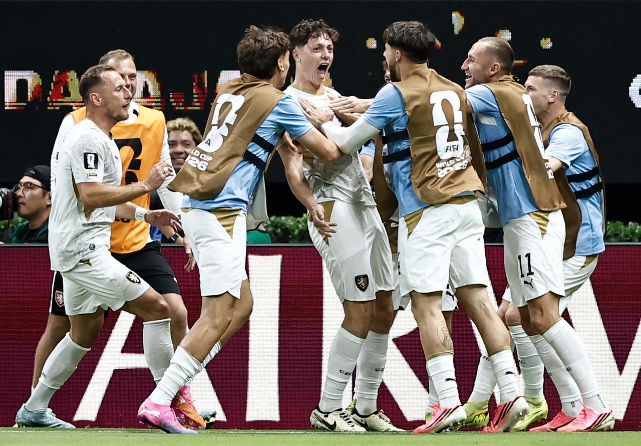 Czech Republic's defender #07 Ladislav Krejci (C) celebrates with teammates scoring his team's first goal during the 2026 World Cup Group A football match between South Korea and the Czech Republic at the Guadalajara Stadium in Zapopan, Mexico on June 11, 2026. (AFP Photo)