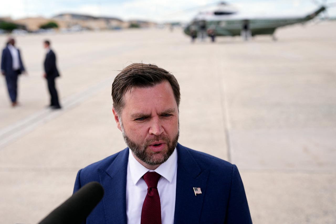 US Vice President JD Vance (R) speaks with reporters after his arrival at Joint Base Andrews in Maryland, on May 28, 2026, on his return from Colorado. (AFP Photo)