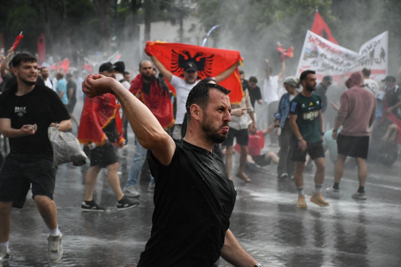 Police use water cannons against the protesters during a protest against a planned tourism project in the Zvernec area of the city of Avlonya (Vlora) as people gather on the Boulevard of the Nation’s Martyrs in Tirana, Albania on June 3, 2026. (AA Photo)
