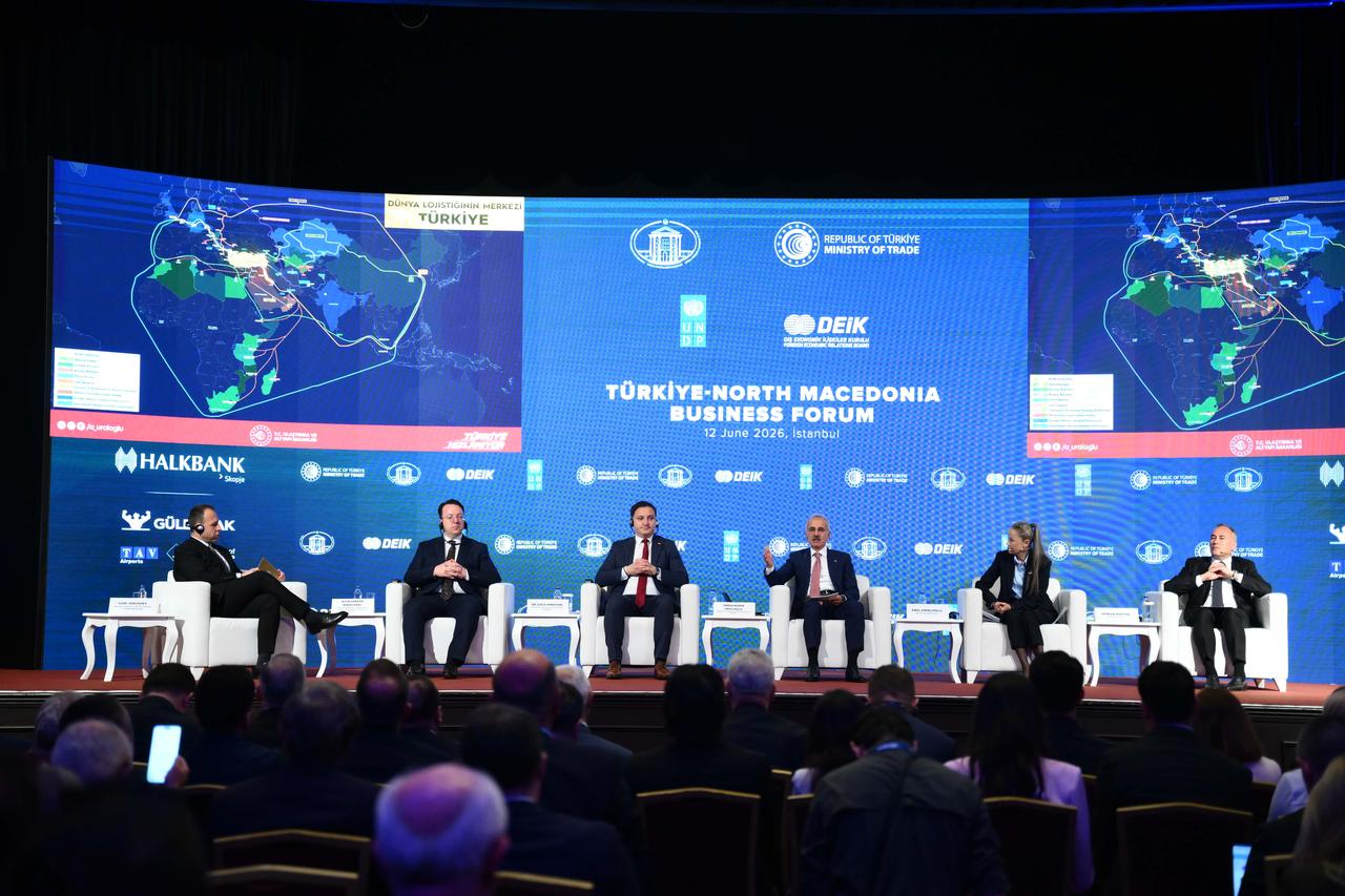 Transportation Minister Abdulkadir Uraloglu (3rd R) attend and deliver a speech at the Türkiye-North Macedonia Business Forum organized by the Foreign Economic Relations Board, Istanbul, Türkiye, June 12, 2026. (AA Photo)