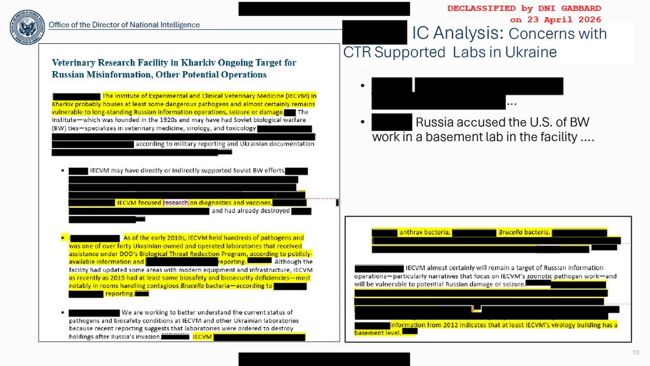 A declassified Office of the Director of National Intelligence slide released by Tulsi Gabbard details U.S.-supported biological laboratories in Ukraine and related intelligence assessments. (Photo via ODNI)