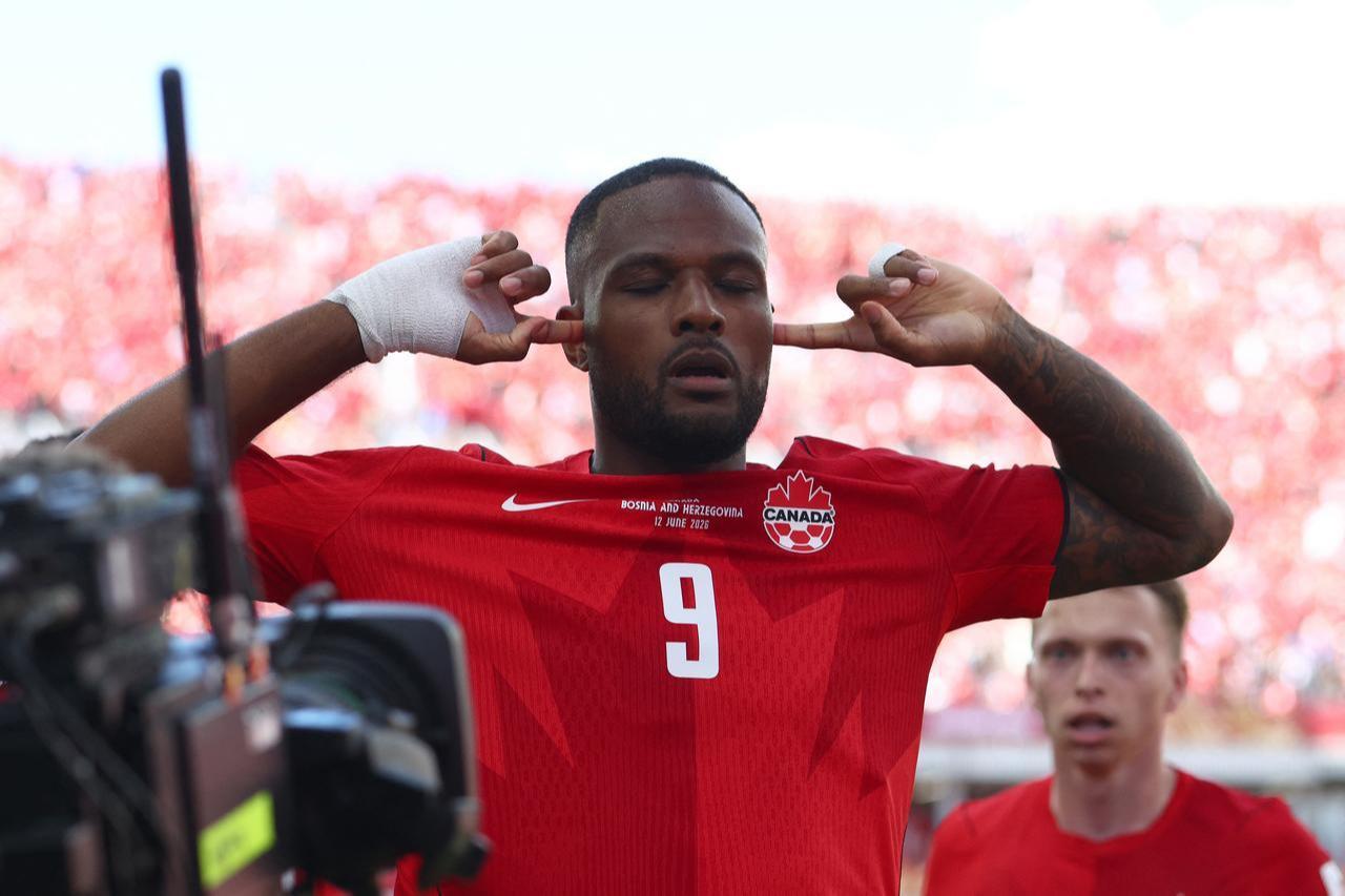 Canada's forward #09 Cyle Larin celebrates after scoring a goal during the 2026 World Cup Group B football match between Canada and Bosnia and Herzegovina at the Toronto Stadium in Toronto, June 12, 2026. (AFP Photo)