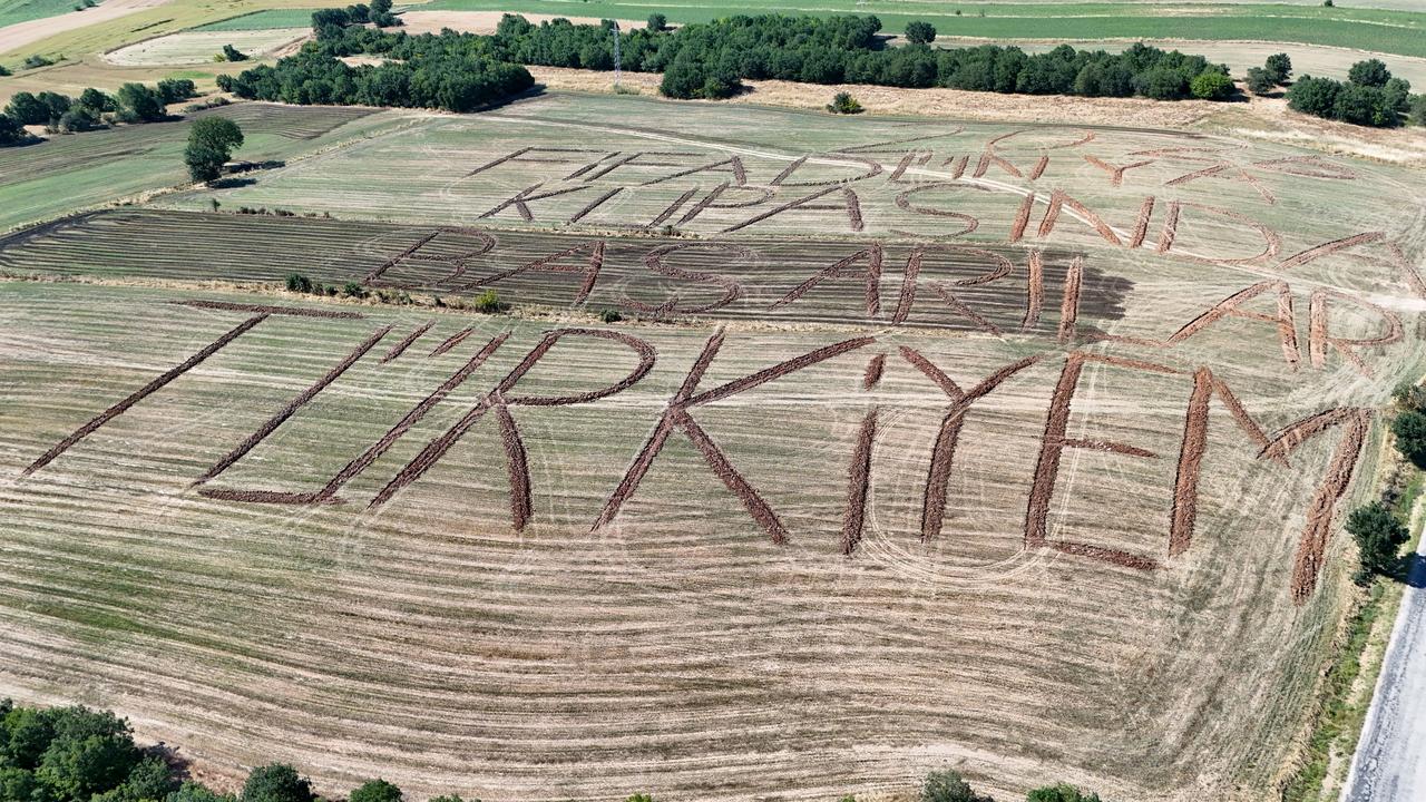 A giant message reading “Good luck, my Türkiye” is seen carved into a field ahead of the national team’s 2026 FIFA World Cup opener, in Kirklareli, western Türkiye, June 12, 2026. (AA Photo)