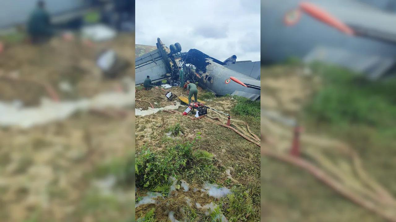 A Russian-made Indian Air Force An-32 military transport aircraft crashes while attempting to land at an air force station in the northeastern city of Jorhat, India, June 13, 2026. (Photo via NDTV.com)