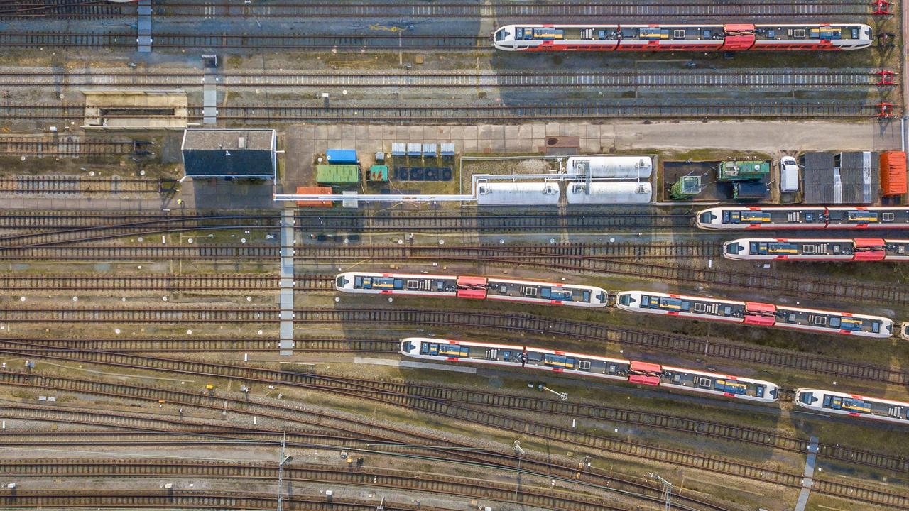 Trains at railroad yard at station district aerial in Netherlands, accessed on June 13, 2026. (Adobe Stock Photo)