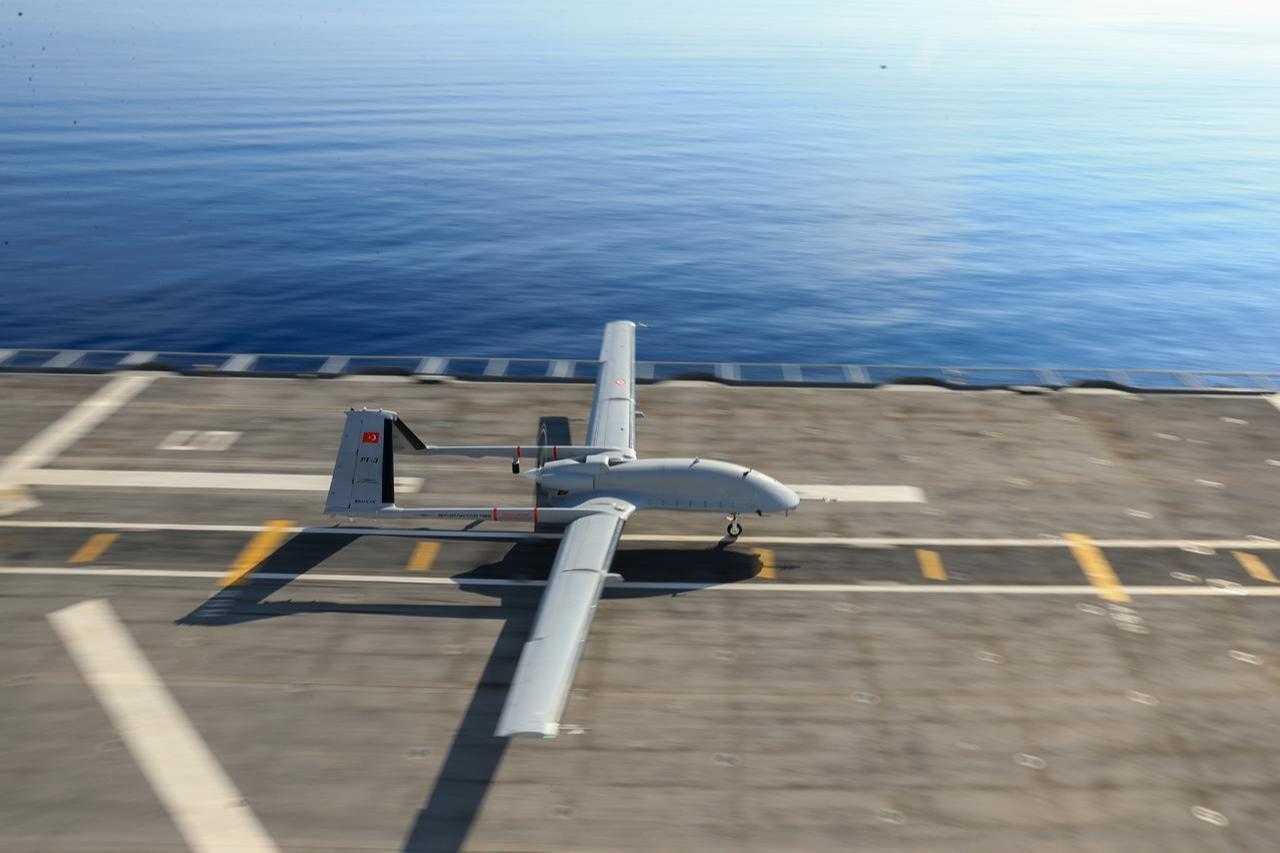 Bayraktar TB3 UCAV at the Distinguished Observer Day activities of the "Denizkurdu-2/2026" (Sea Wolf) Exercise in the Gulf of Antalya, Türkiye, June 11, 2026. (AA Photo)
