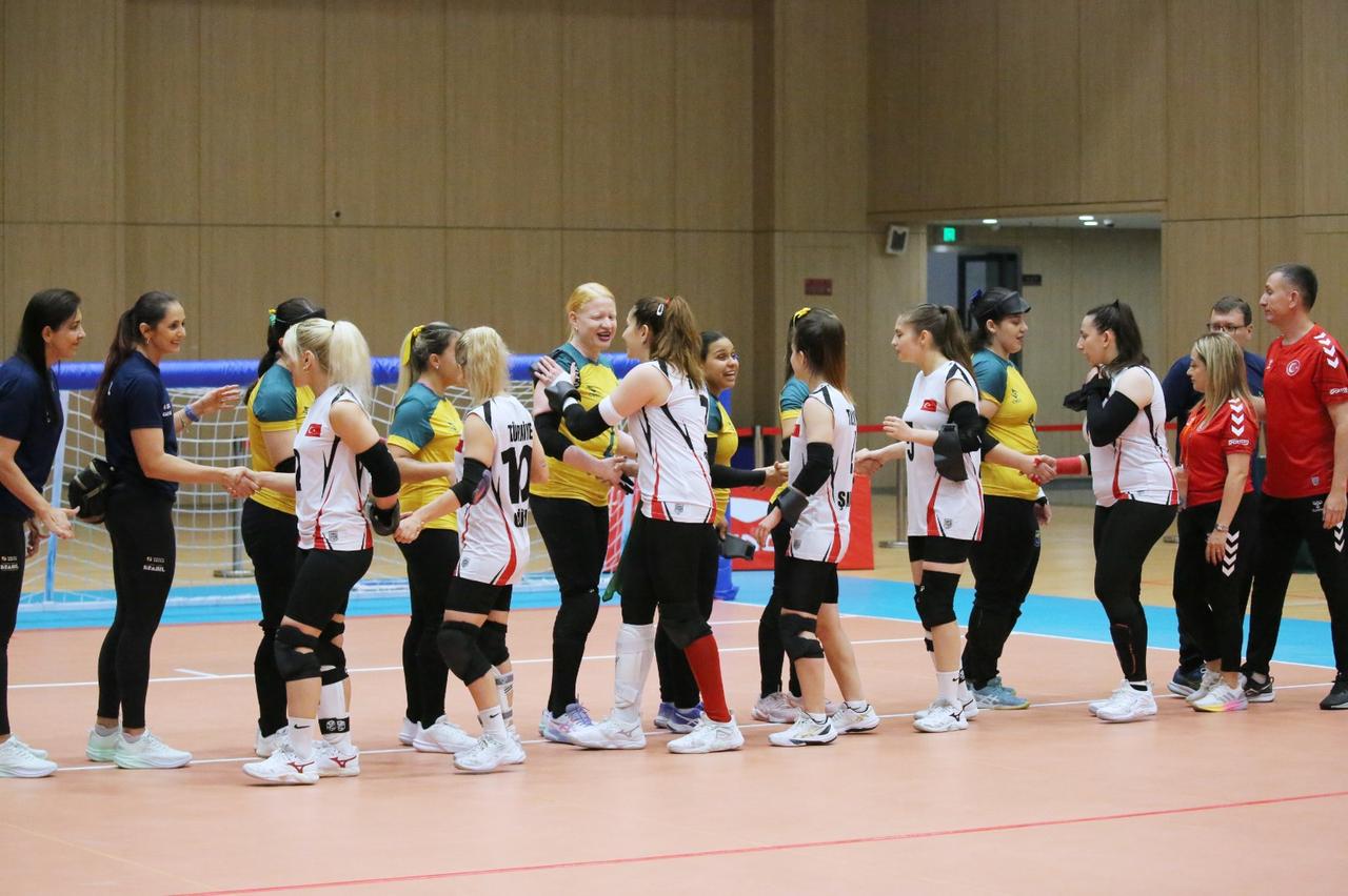 Türkiye's women's goalball players and staff greet Brazil after their World Goalball Championship quarterfinal match in Hangzhou, China, June 13, 2026. (AA Photo)