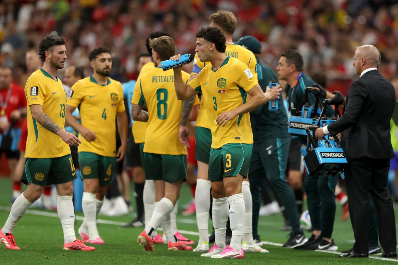 Alessandro Circati #3 of Australia takes a drink during a hydration break during the FIFA World Cup 2026 Group D match between Australia and Türkiye at BC Place, Vancouver, on June 13, 2026, in Vancouver, British Columbia. 
(AFP Photo)