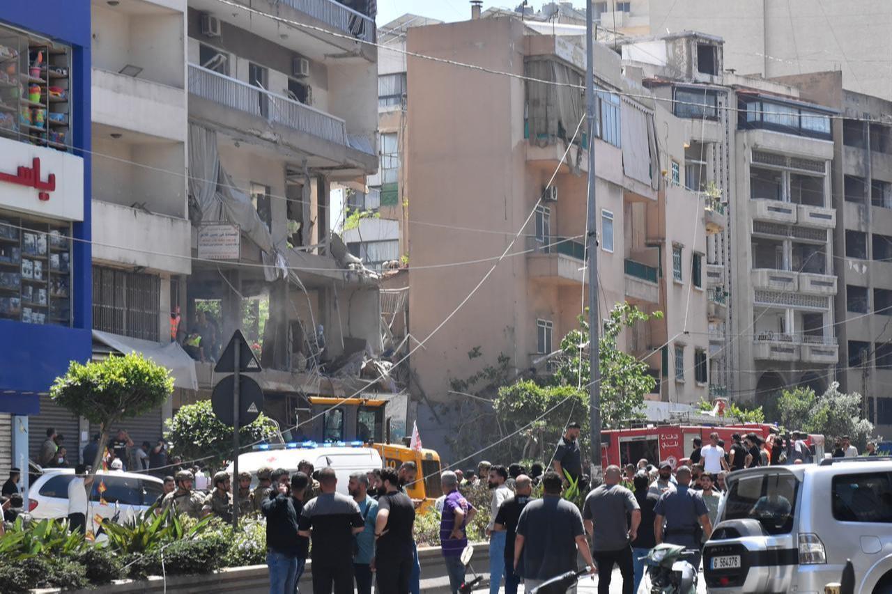 A view of damage as security forces and emergency responders inspect the site after an Israeli airstrike hit Beirut's southern suburb of Dahiyeh despite an existing ceasefire, in Beirut, Lebanon, June 14, 2026. (AA Photo)
