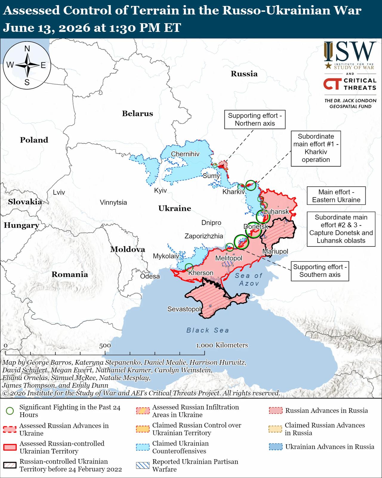 Assessed control of terrain in the Russia-Ukrainian war as of June 13, 2026, at 1:30 PM ET by the Institute for the Study of War (ISW). (Infographic by ISW)