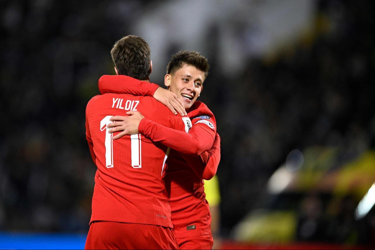 Türkiye's Kenan Yildiz (L) celebrates with teammate Arda Güler after scoring a goal during the FIFA World Cup 2026 Group E European qualification match against Bulgaria at the Vasil Levski National Stadium, Sofia, Bulgaria, Oct. 11, 2025. (AFP Photo)