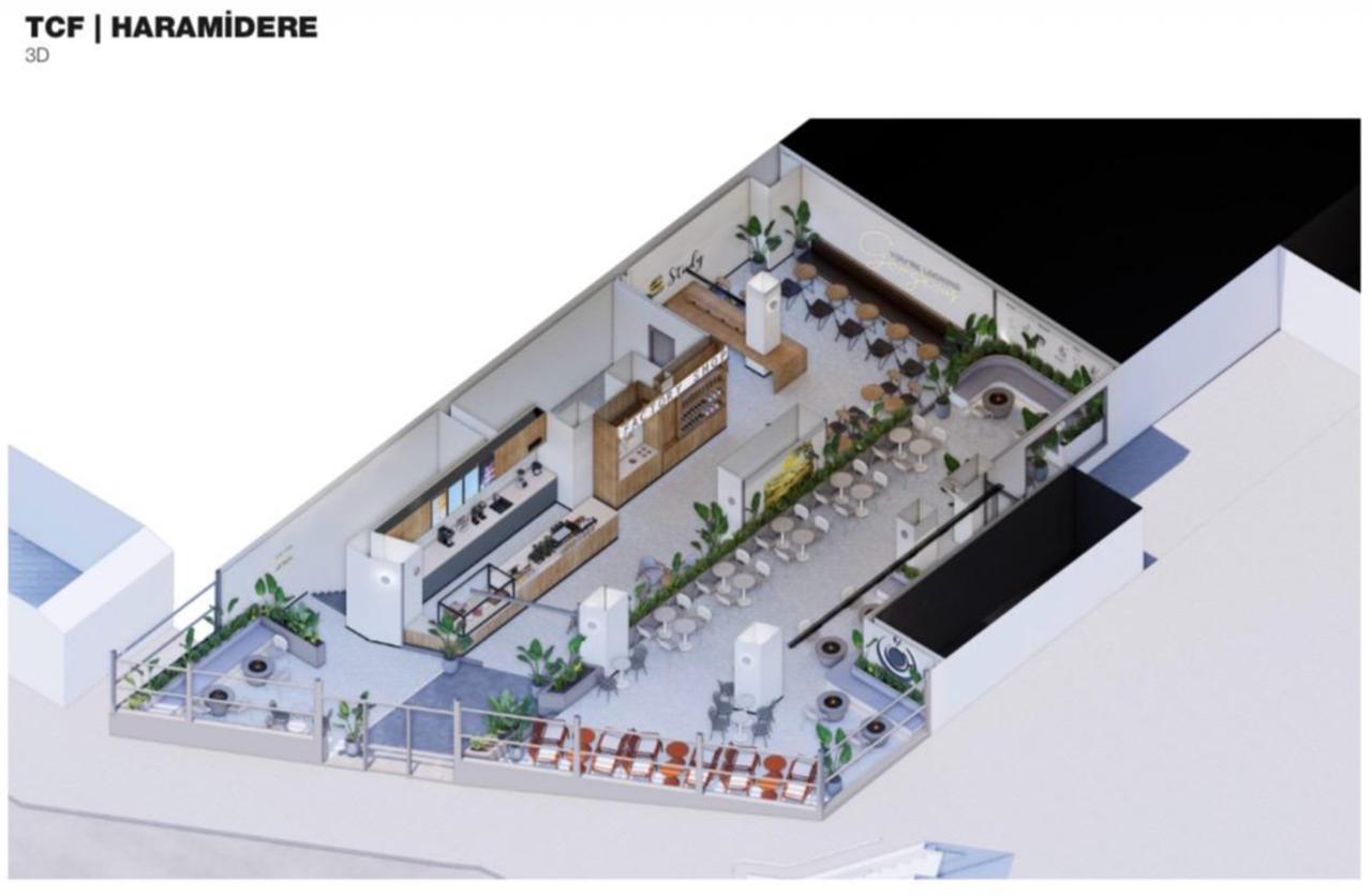 Meryem Ali’s 3D visualization of the Factory Cafe, designed to maximize natural light, social interaction, and visual appeal. (Image via Meryem Ali)