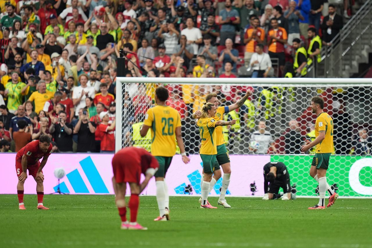Players of Australia celebrate during the 2026 FIFA World Cup First Stage Group D match between Australia and Türkiye at BC Place Stadium in Vancouver, Canada, June 13, 2026. (AA Photo)