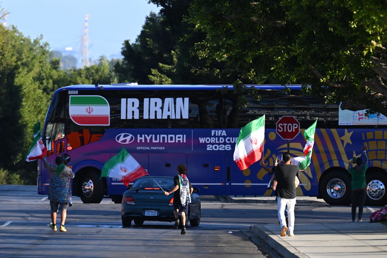 The bus carrying Iran’s national football team arrives at Carson Sports Park in Los Angeles on June 14, 2026, on the eve of the 2026 World Cup football match between Iran and New Zealand. (AFP Photo)
