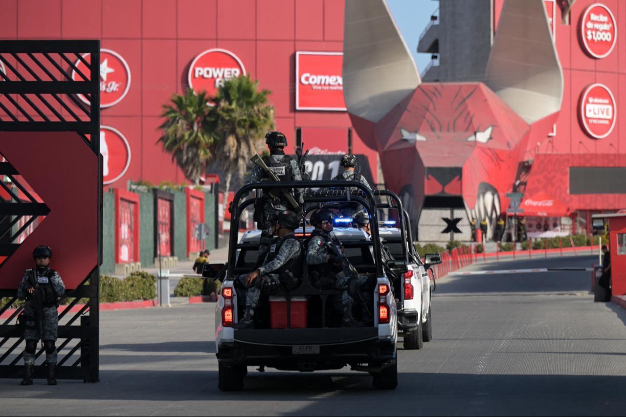 Members of Mexico's National Guard escorting the bus transporting Iran's national football team for a training session arrive at the Caliente Stadium in Tijuana, Mexico, on June 8, 2026. (AFP Photo)