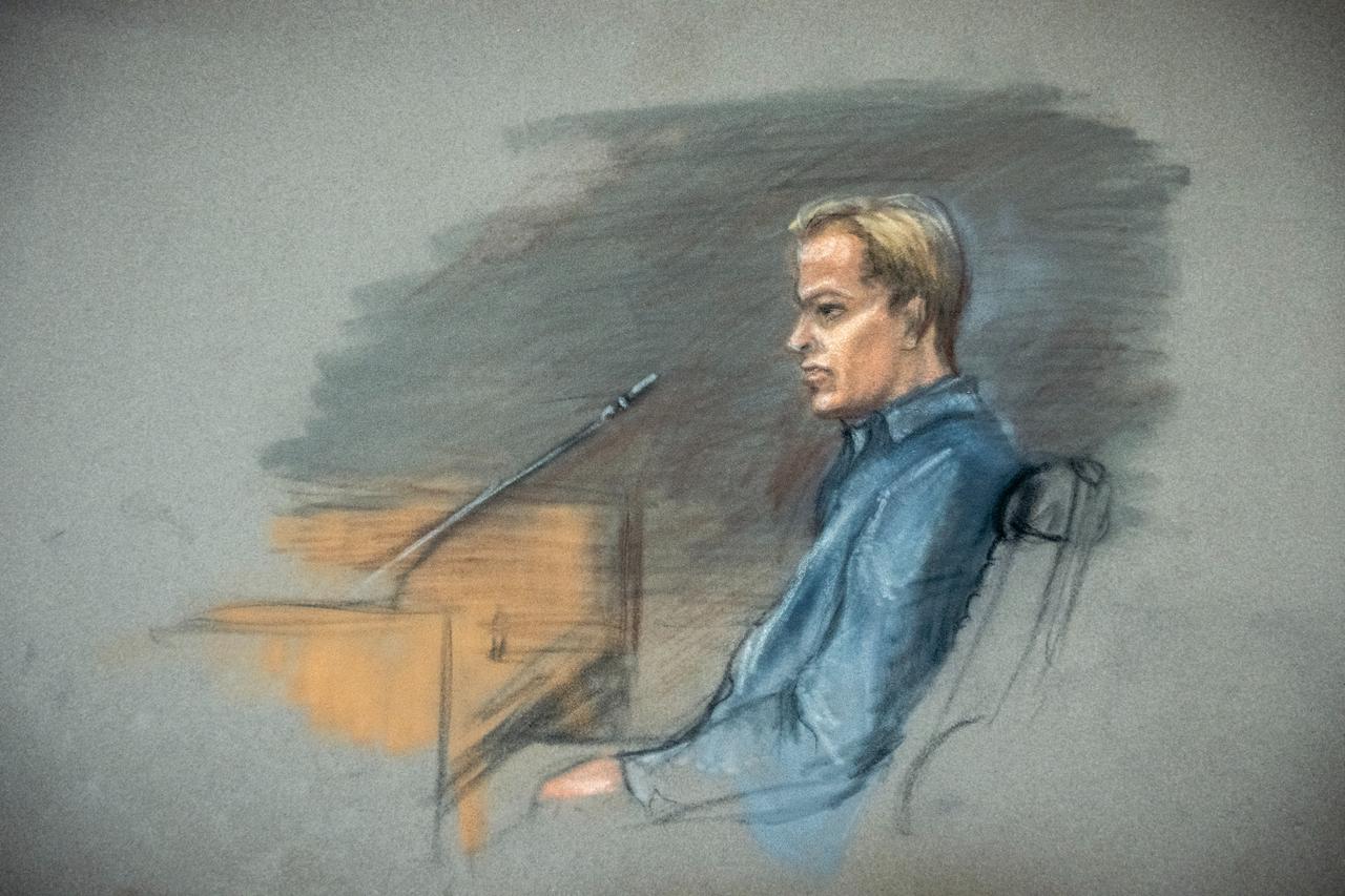 A court sketch depicts Marius Borg Hoiby, son of Norwegian Crown Princess during the third day of a trial in Oslo at the District Court on February 5, 2026. (AFP Photo)