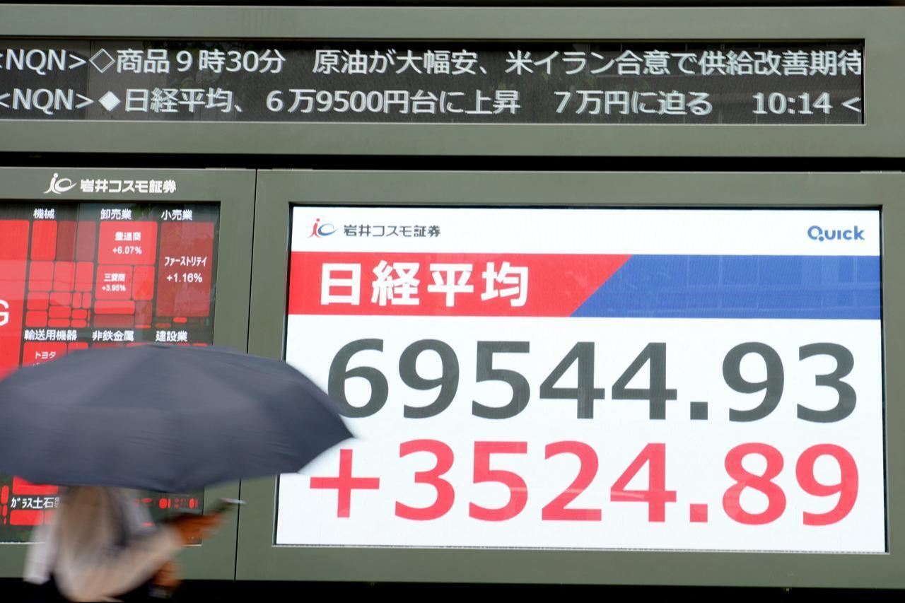 An electronic quotation board displays the Nikkei Stock Average on the Tokyo Stock Exchange in Tokyo, June 15, 2026. (AFP Photo)