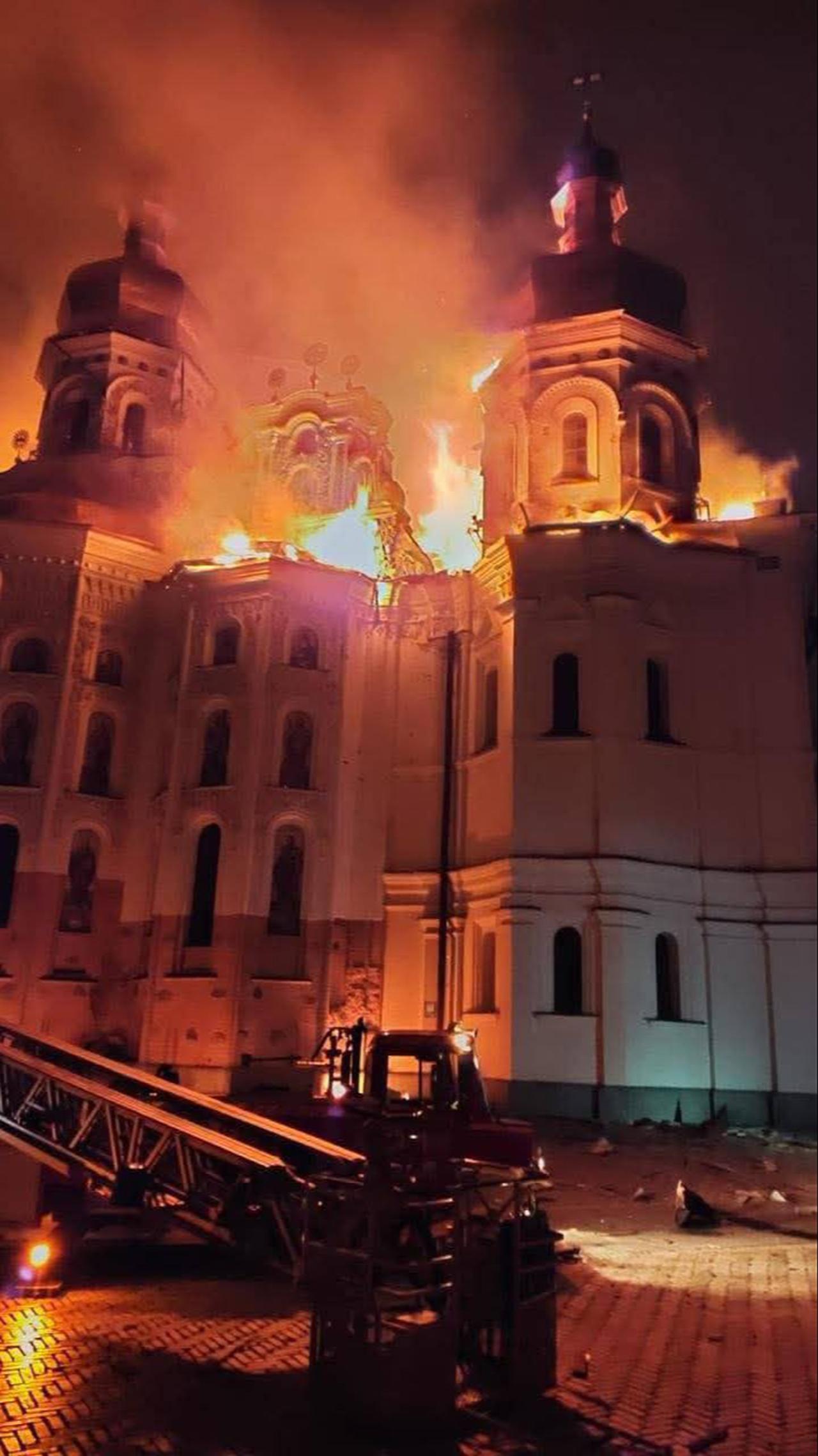 A fire burns through the roof of the Dormition Cathedral at Kyiv Pechersk Lavra after Russian strikes hit Kyiv, Ukraine, June 15, 2026. (Photo via X/@AmbVasyl)