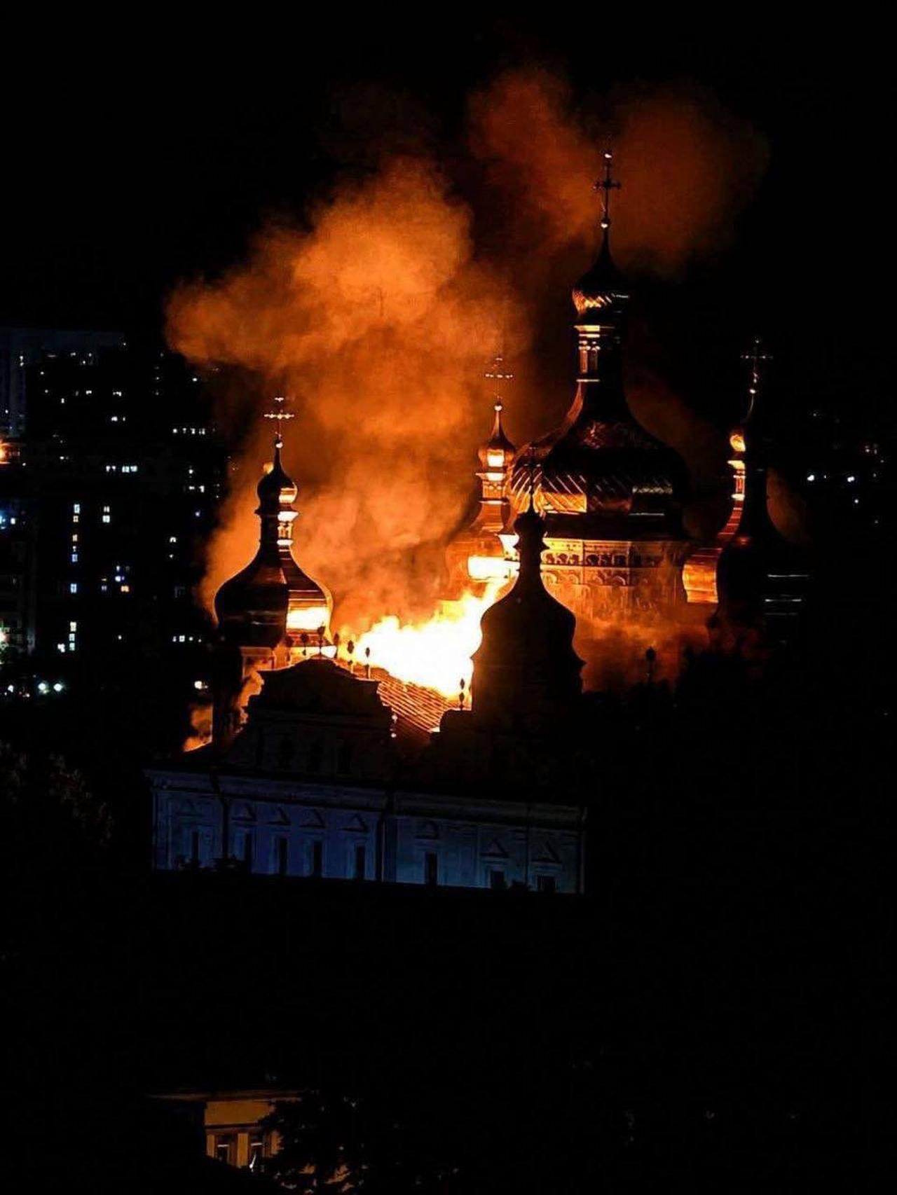 Flames and thick smoke rise from Kyiv Pechersk Lavra, a UNESCO World Heritage Site, following an overnight Russian attack on Kyiv, Ukraine, June 15, 2026. (Photo via X/@AmbVasyl)