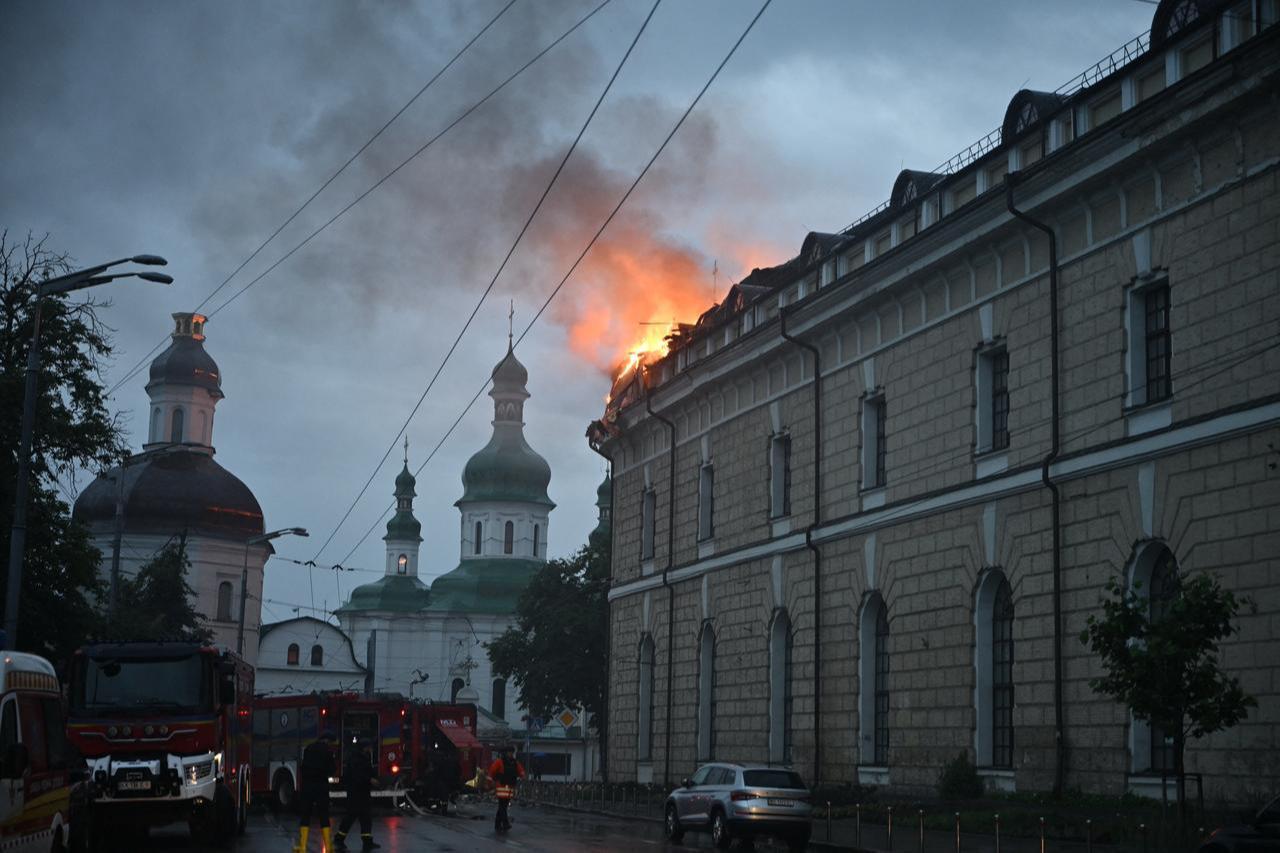 Firefighters work to control a blaze at the Mystetskyi Arsenal National Art and Culture Museum Complex, Ukraine's flagship public cultural institution, following a Russian missile strike in Kyiv on June 15, 2026. (AFP Photo)