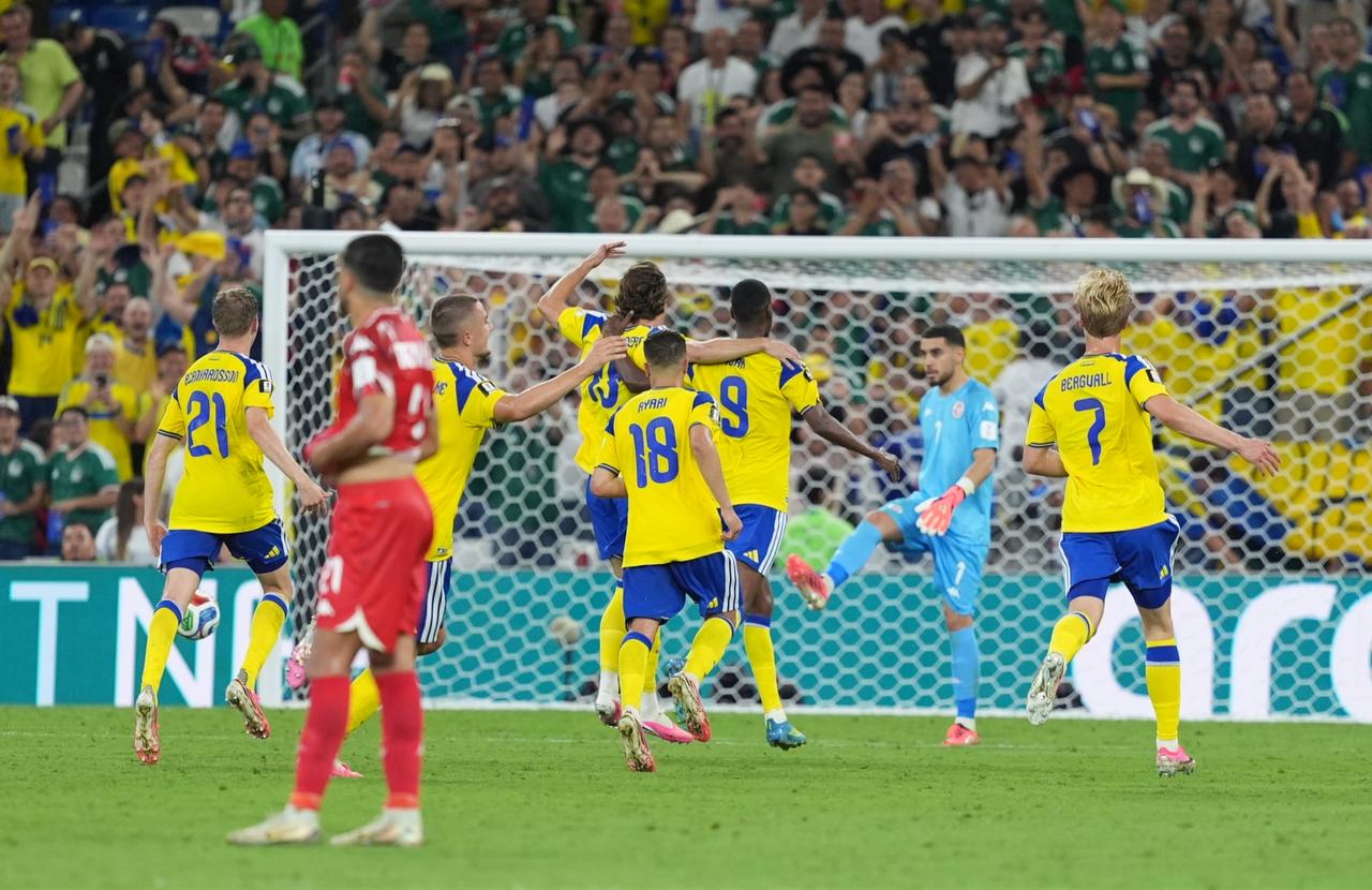 Mattias Svanberg (19) of Sweden celebrates with his teammates after scoring a goal during the 2026 FIFA World Cup First Stage Group F match between Sweden and Tunisia at Estadio BBVA (Monterrey Stadium) in Monterrey, Mexico on June 14, 2026. (AA Photo)