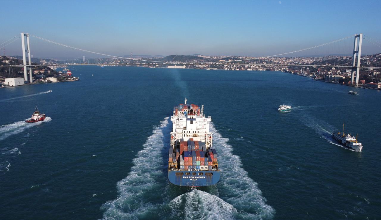 A CMA CGM container ship transits the Bosphorus Strait in Istanbul, Türkiye, Jan. 14, 2022. (Adobe Stock Photo)
