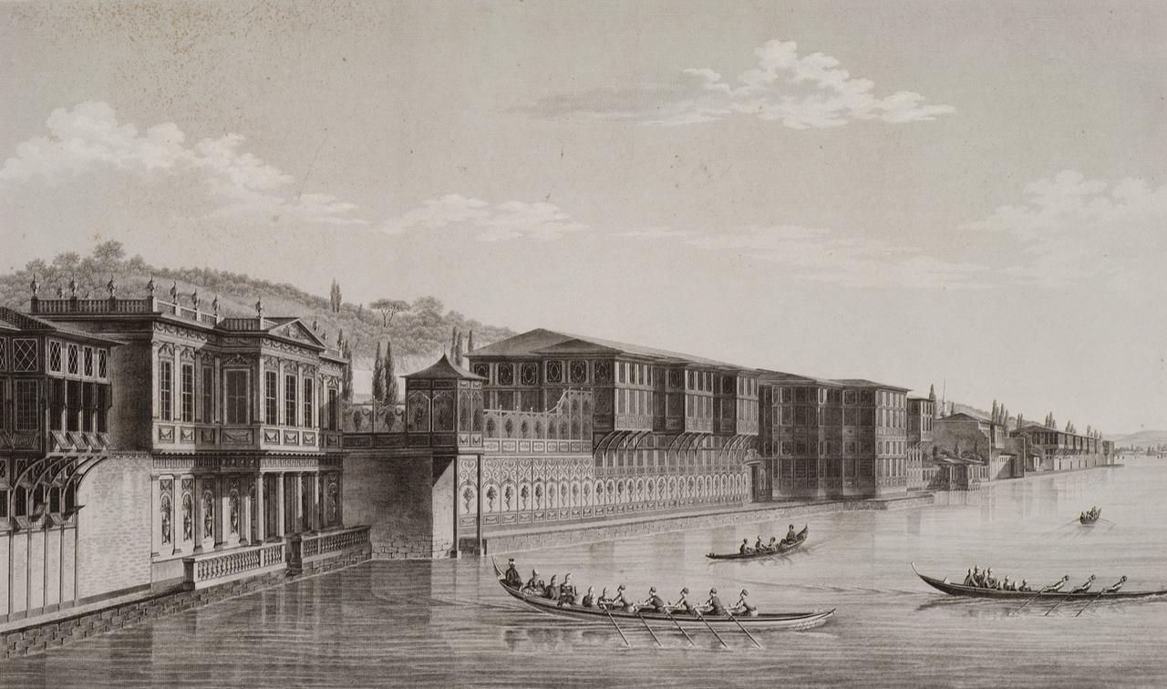 Exterior of Hadice Sultan’s Defterdarburnu Palace, engraved after Antoine Ignace Melling, 1819. (Image via Wikimedia Commons)