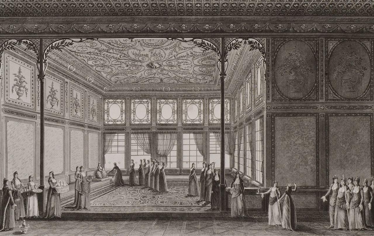 Interior of Hadice Sultan’s palace salon, by Antoine Ignace Melling, 1819. (Image via Wikimedia Commons)