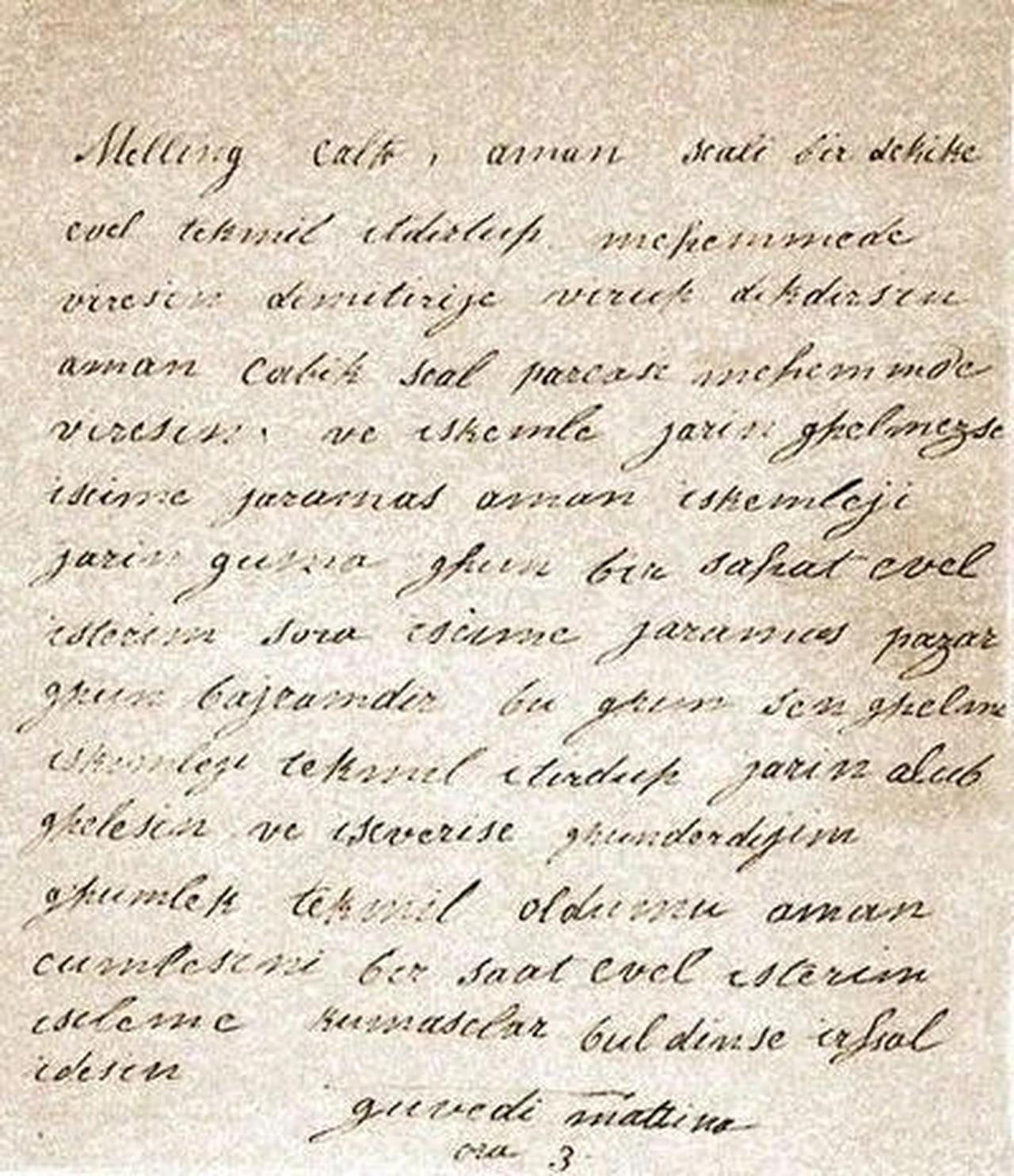 Letter from Hadice Sultan to Antoine Ignace Melling, written in Turkish with Latin characters and discussing palace furnishings. (Image via Hatice Sultan ile Melling Kalfa: Mektuplar)