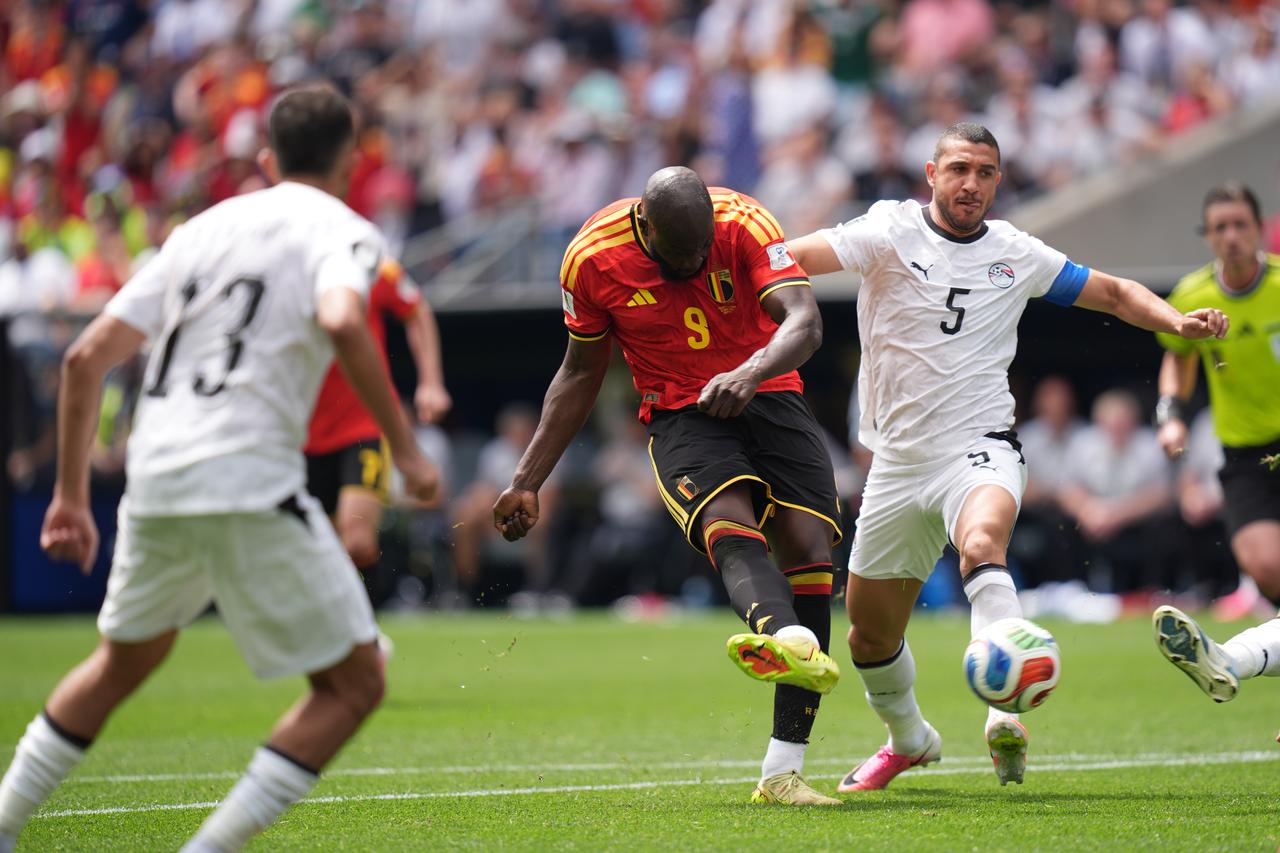 Romelu Lukaku (9) of Belgium in action against Ramy Rabia of Egypt during the 2026 FIFA World Cup First Stage Group G match between Belgium and Egypt at Lumen Field (Seattle Stadium) in Seattle, Washington, United States on June 15, 2026. (AA Photo)