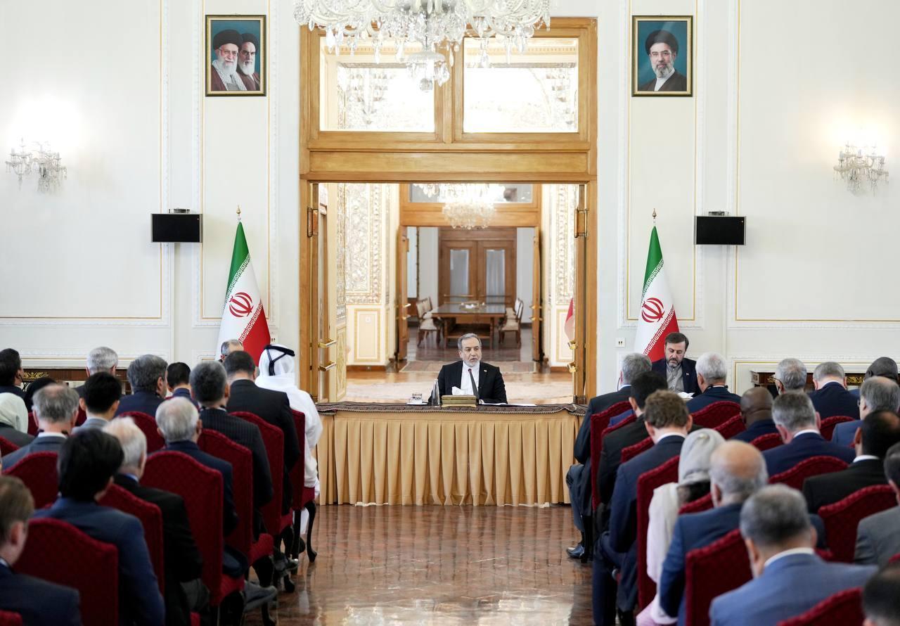 Iranian Foreign Minister Abbas Araghchi (C) speaks at a meeting with ambassadors and diplomatic representatives from foreign countries in Tehran, Iran, on June 16, 2026. (Photo via Iranian Foreign Ministry/Handout)