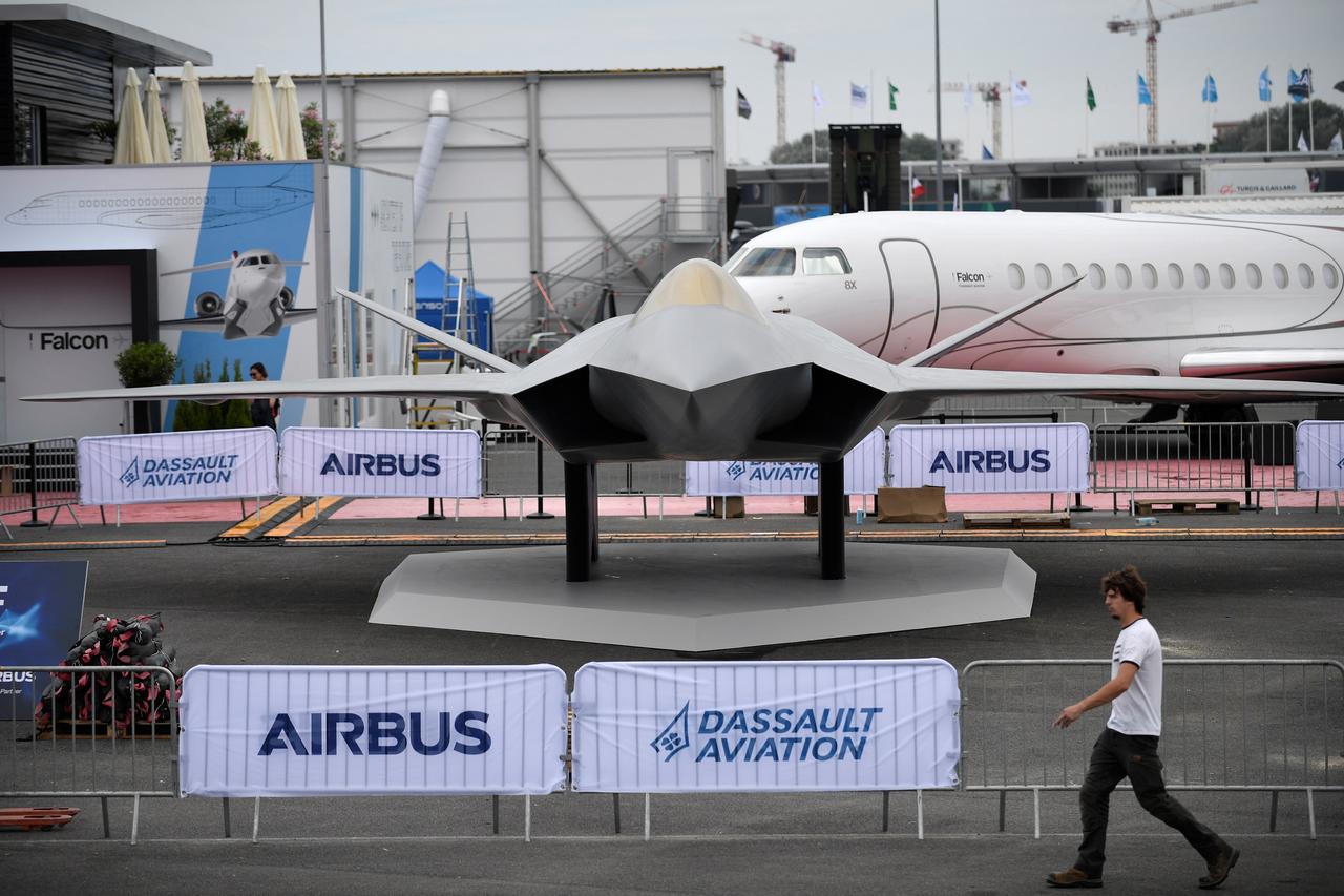 This photograph taken on June 18, 2023 shows a mock-up of the European New Generation Fighter (NGF) for the Future Combat Air System (FCAS) at the Paris–Le Bourget Airport. (AFP Photo)