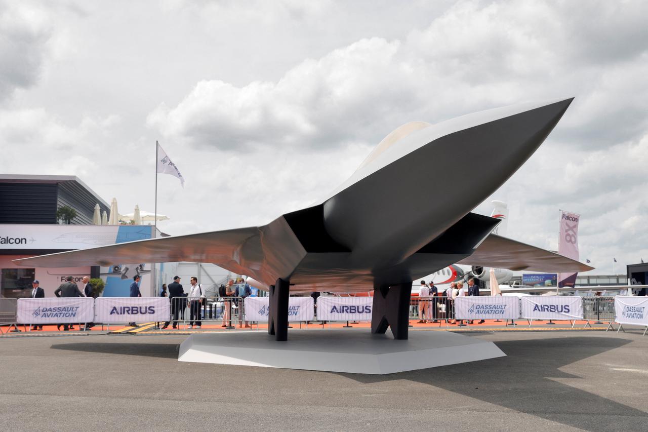 This photograph taken on June 18, 2023 shows a mock-up of the European New Generation Fighter (NGF) for the Future Combat Air System (FCAS) at the Paris–Le Bourget Airport. (AFP Photo)