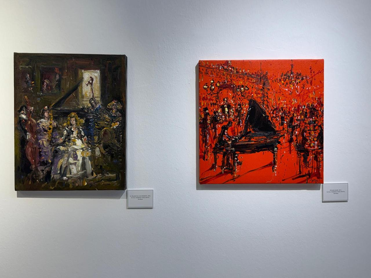 Paintings by Mexican artist Jazzamoart are displayed at "The Bop of Painting" exhibition, which brings his jazz-inspired visual language to Beyoglu Municipality's 6th Daire Art Gallery in Istanbul, Türkiye, June 15, 2026. (AA Photo)