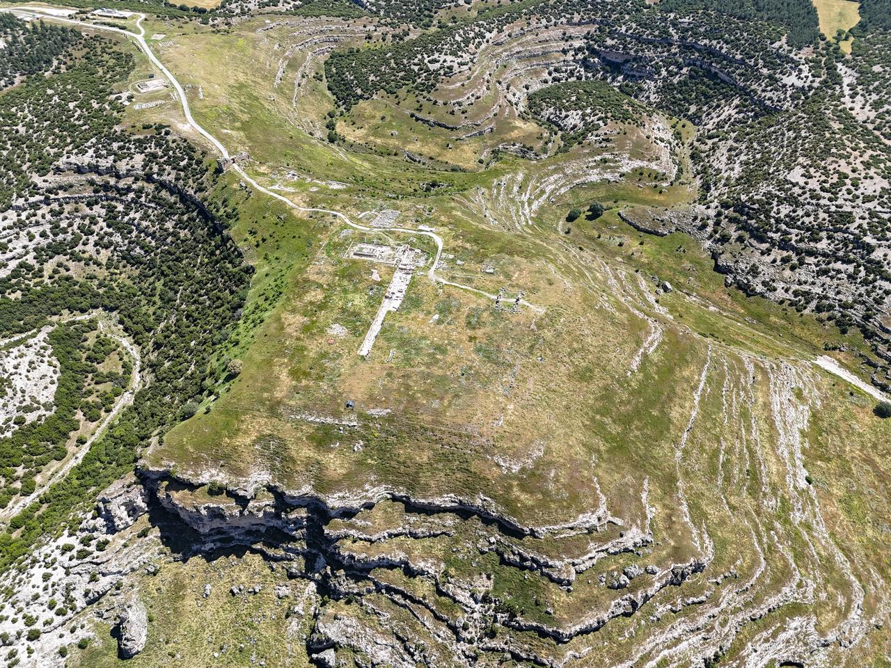 An aerial view of ongoing archaeological excavations at the North Temple of the ancient city of Blaundos in Usak, Türkiye, June 16, 2026. (AA Photo)