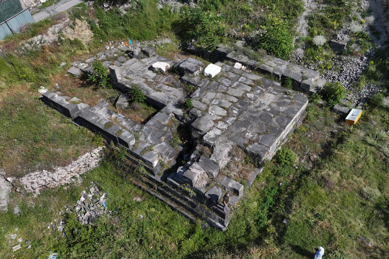 An aerial view shows ancient remains in Kayseri's Battalgazi neighborhood, central Türkiye, where a Roman-era hospital, hippodrome and pagan temple have been identified, June 16, 2026. (AA Photo)