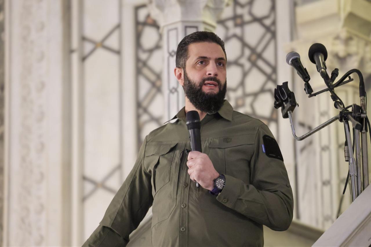 Syrian President Ahmad al-Sharaa speaks after performing the dawn prayer at the Umayyad Mosque on the first anniversary of the fall of Bashar al-Assad’s regime in Damascus, Syria on December 08, 2025. ( AA Photo )