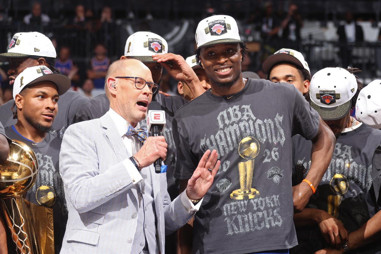 OG Anunoby #8 of the New York Knicks smiles after winning the NBA Finals against the San Antonio Spurs during Game Five of the 2026 NBA Finals on June 13, 2026 at Frost Bank Center in San Antonio, Texas. (AFP Photo)