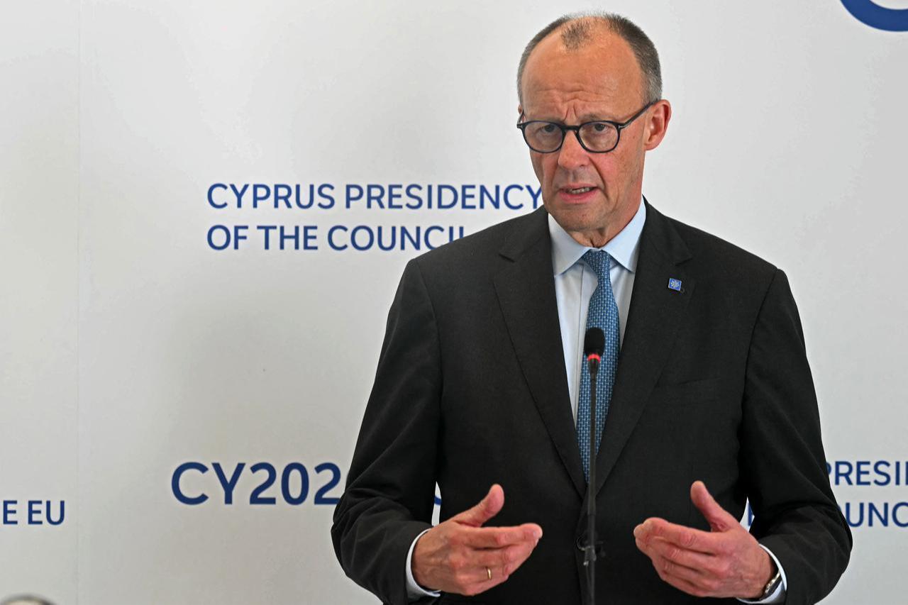 Germany's Chancellor Friedrich Merz speaks during a press conference after taking part in an informal meeting of the European Council in Nicosia, Greek Cyprus on April 24, 2026. (AFP Photo)