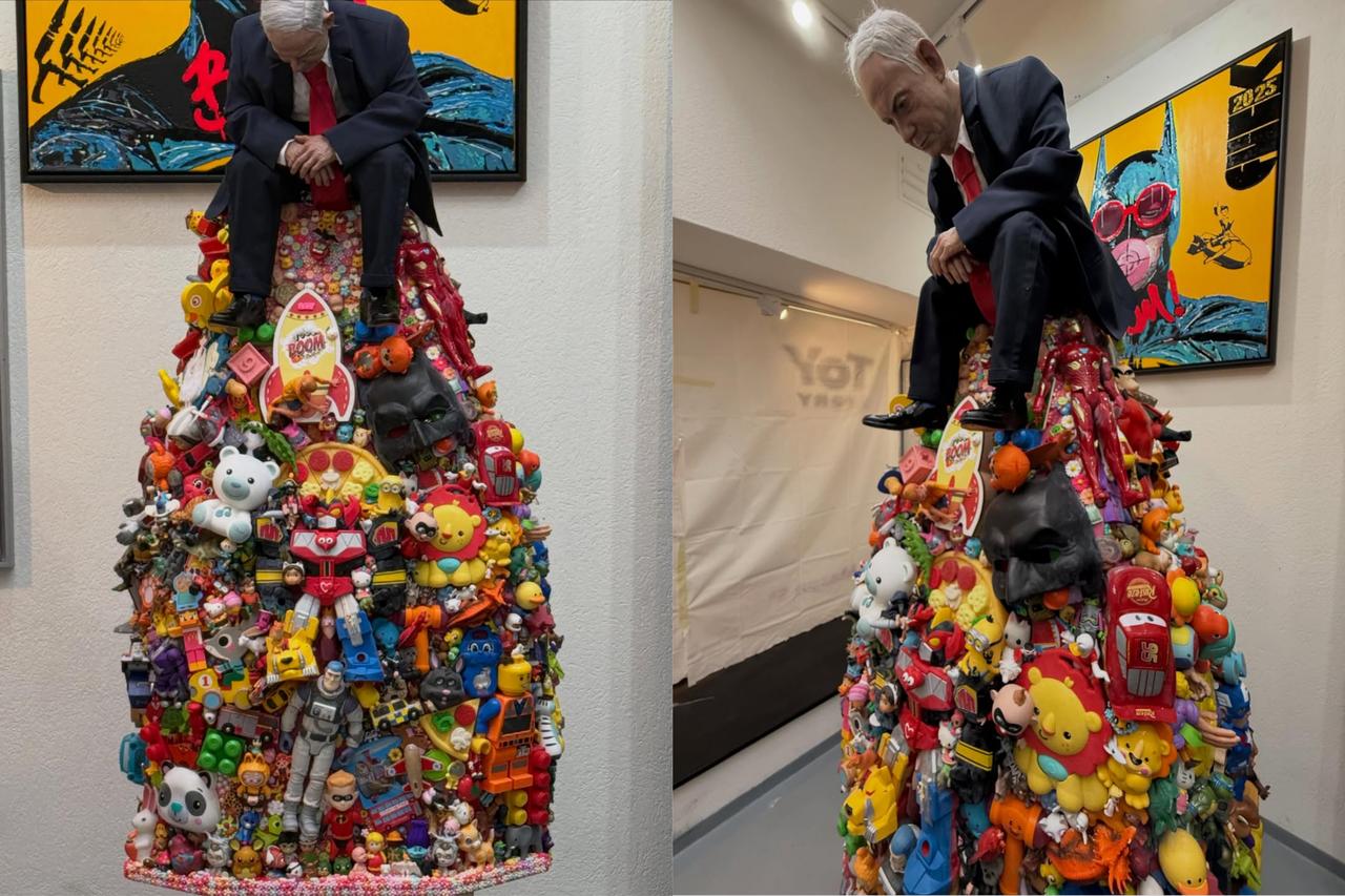 A photo collage shows British artist Mason Storm's sculpture "Toy Stories," depicting Israeli Prime Minister Benjamin Netanyahu seated on a pile of children's toys, during Art Basel 2026 in Basel, Switzerland, June 16, 2026. (Photos via Instagram/@masonstormgenius)