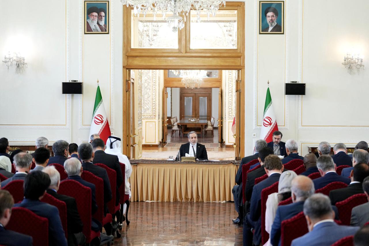 This handout photograph released by the Iranian Foreign Ministry on June 16, 2026, shows Iranian Foreign Minister Abbas Araghchi speaking about the agreement reached with the US and regional developments at a meeting with ambassadors and diplomatic representatives from foreign countries in Tehran. (AFP Photo)