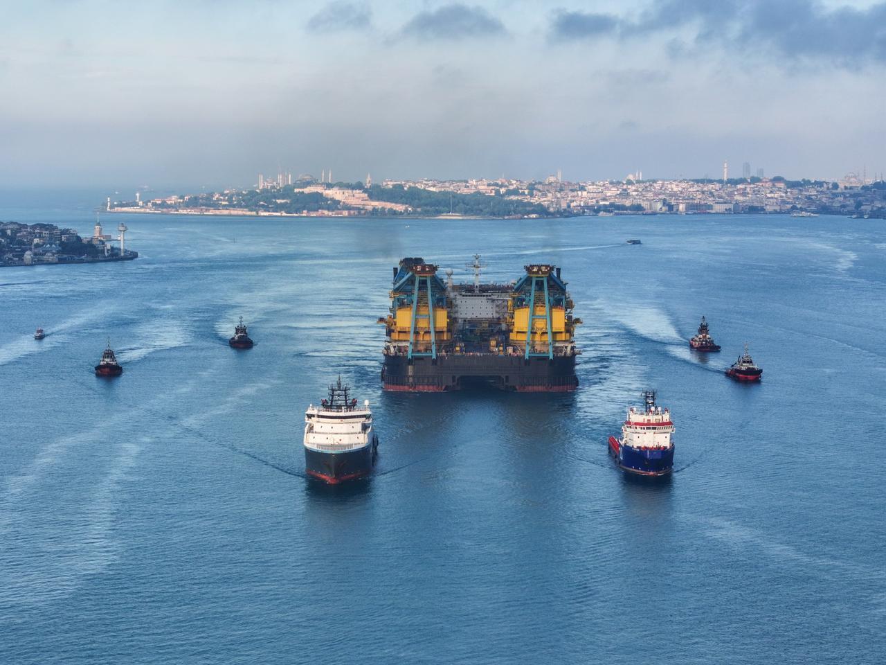 The Saipem 7000, the world's third-largest semi-submersible crane vessel used in natural gas pipeline installation operations, passes through the Bosphorus Strait in Istanbul, Türkiye, on June 17, 2026. (AA Photo)