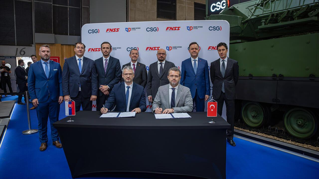 Turkish defense manufacturer FNSS and Slovakia-based CSG Defense officials are signing a framework agreement to establish a joint venture called Danube Defense Systems at the Eurosatory 2026 exhibition in Paris, June 16, 2026. (Photo via FNSS/HO)