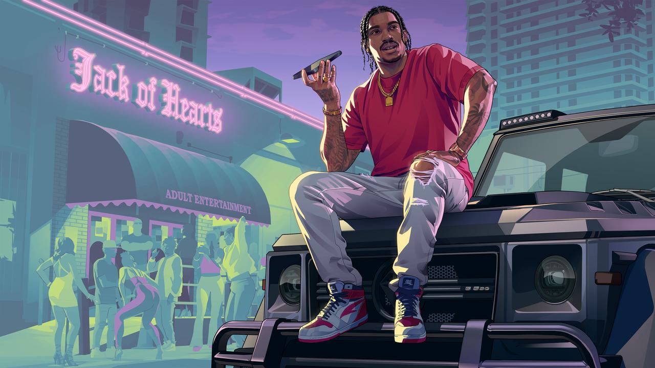 Grand Theft Auto VI character Dre’Quan Priest sits on a vehicle in a  promotional image. (Photo via Rockstar Games)